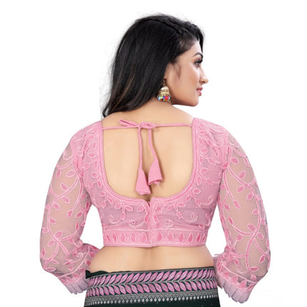 Rosolly Women's Nylon Net Embroidery Readymade Blouse (Pink, Size: Free Size)