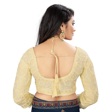 Rosolly Women's Nylon Net Embroidery Readymade Blouse (Beige, Size: Free Size)