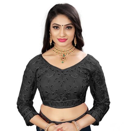 Rosolly Women's Nylon Net Embroidery Readymade Blouse (Black, Size: Free Size)