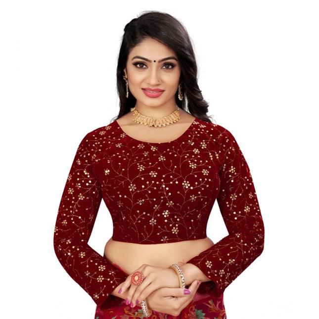 Rosolly Women's Velvet Embroidery Readymade Blouse (Maroon, Size: Free Size)