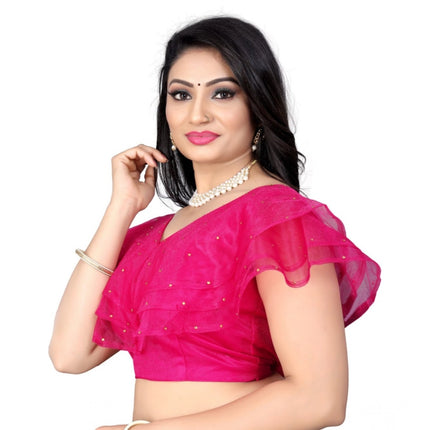Rosolly Women's Nylon Diamond Work Readymade Blouse (Pink, Size: Free Size)