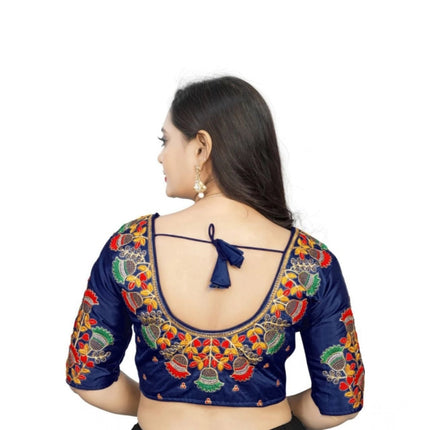 Rosolly Women's Malai Silk Floral Readymade Blouse (Navy Blue, Size: Free Size)