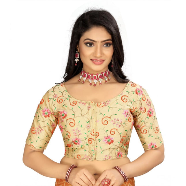 Rosolly Women's Satin Floral Readymade Blouse (Beige, Size: Free Size)