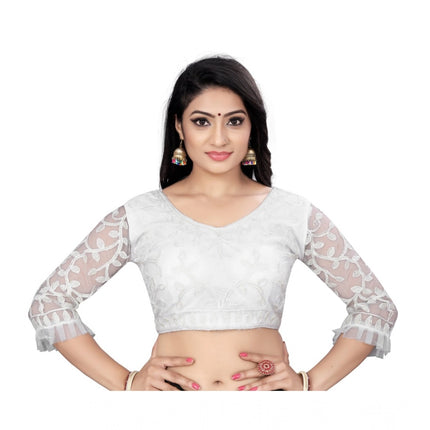 Rosolly Women's Nylon Net Embroidery Readymade Blouse (White, Size: Free Size)