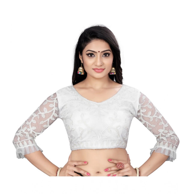 Rosolly Women's Nylon Net Embroidery Readymade Blouse (White, Size: Free Size)