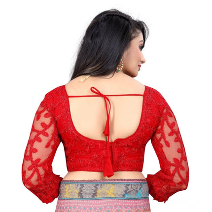 Rosolly Women's Nylon Net Embroidery Readymade Blouse (Red, Size: Free Size)