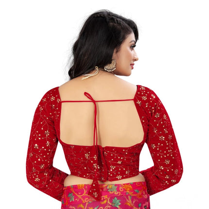 Rosolly Women's Velvet Embroidery Readymade Blouse (Red, Size: Free Size)