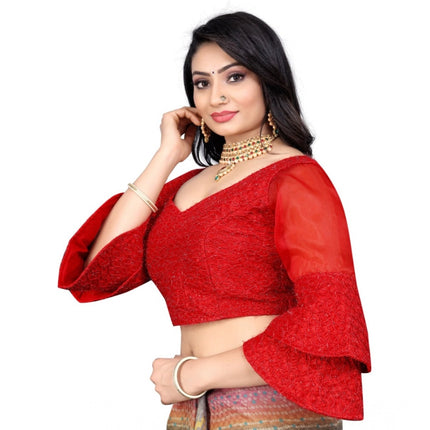 Rosolly Women's Organza Embroidery Readymade Blouse (Red, Size: Free Size)