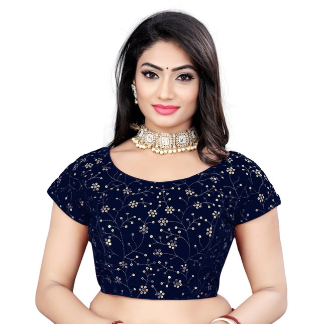 Rosolly Women's Velvet Sequins Readymade Blouse (Navy-Blue, Size: Free Size)