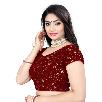 Rosolly Women's Velvet Sequins Readymade Blouse (Maroon, Size: Free Size)