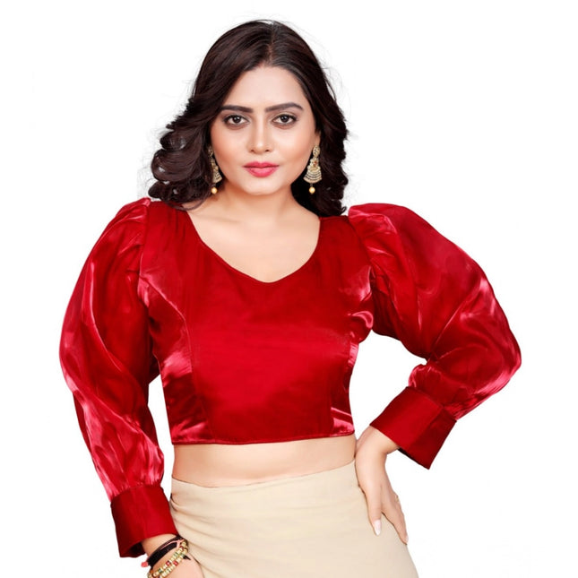 Rosolly Women's Organza Plain Readymade Blouse (Red, Size: Free Size)