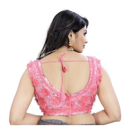 Rosolly Women's Nylon Net Sequins Readymade Blouse (Baby Pink, Size: Free Size)