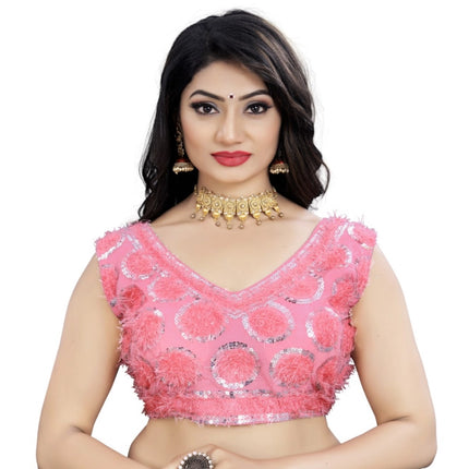 Rosolly Women's Nylon Net Sequins Readymade Blouse (Baby Pink, Size: Free Size)