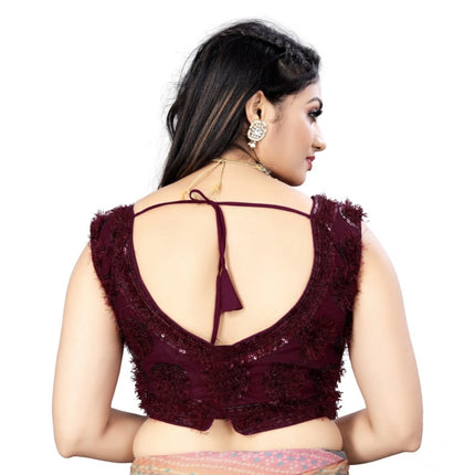 Rosolly Women's Nylon Net Sequins Readymade Blouse (Maroon, Size: Free Size)