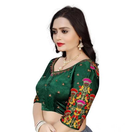 Rosolly Women's Malai Silk Floral Readymade Blouse (Green, Size: Free Size)