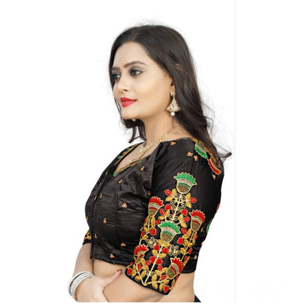 Rosolly Women's Malai Silk Floral Readymade Blouse (Black, Size: Free Size)