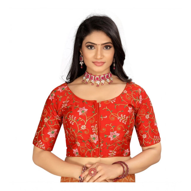 Rosolly Women's Satin Floral Readymade Blouse (Red, Size: Free Size)