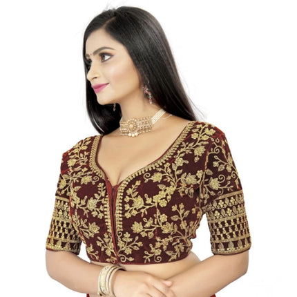 Rosolly Women's Velvet Embroidery Readymade Blouse (Brown, Size: Free Size)