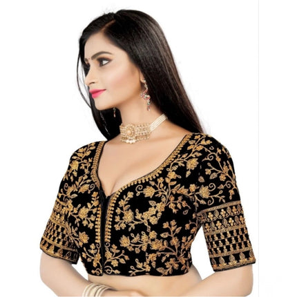Rosolly Women's Velvet Embroidery Readymade Blouse (Black, Size: Free Size)
