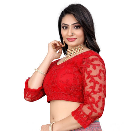 Rosolly Women's Nylon Net Embroidery Readymade Blouse (Red, Size: Free Size)