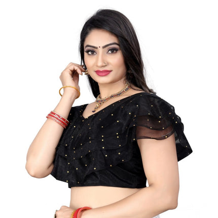 Rosolly Women's Nylon Diamond Work Readymade Blouse (Black, Size: Free Size)