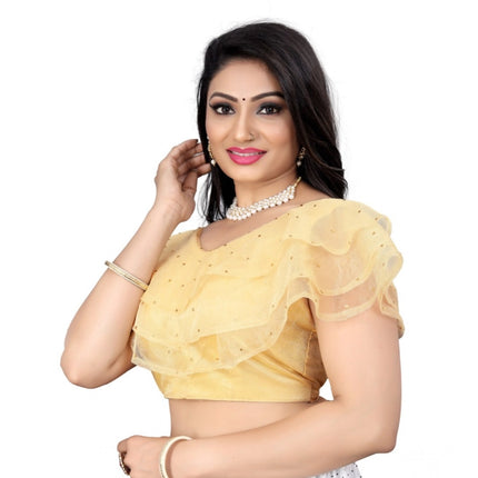 Rosolly Women's Nylon Diamond Work Readymade Blouse (Beige, Size: Free Size)
