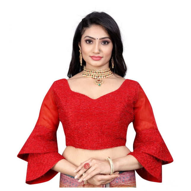 Rosolly Women's Organza Embroidery Readymade Blouse (Red, Size: Free Size)