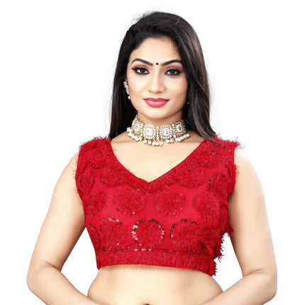 Rosolly Women's Nylon Net Sequins Readymade Blouse (Red, Size: Free Size)