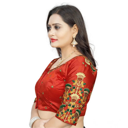 Rosolly Women's Malai Silk Floral Readymade Blouse (Red, Size: Free Size)