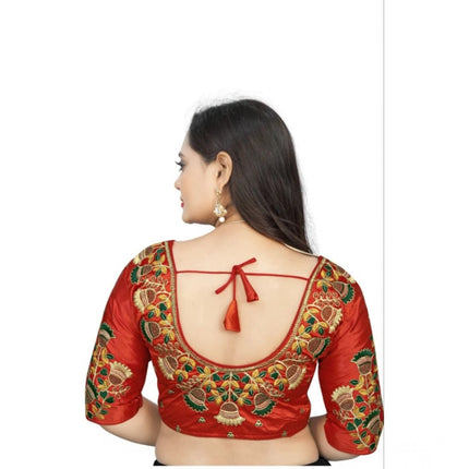 Rosolly Women's Malai Silk Floral Readymade Blouse (Red, Size: Free Size)