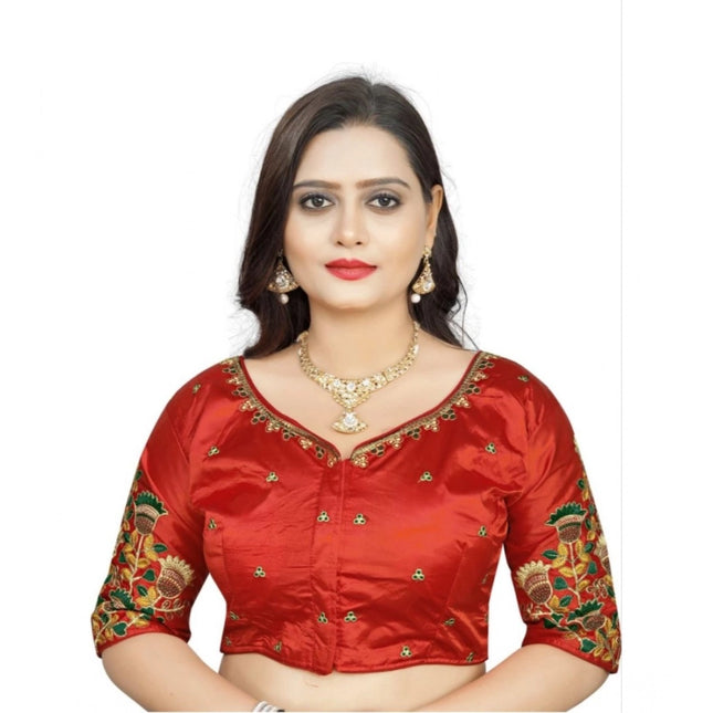 Rosolly Women's Malai Silk Floral Readymade Blouse (Red, Size: Free Size)