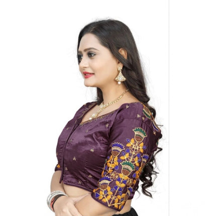 Rosolly Women's Malai Silk Floral Readymade Blouse (Purple, Size: Free Size)