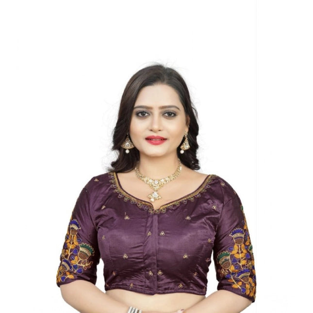 Rosolly Women's Malai Silk Floral Readymade Blouse (Purple, Size: Free Size)