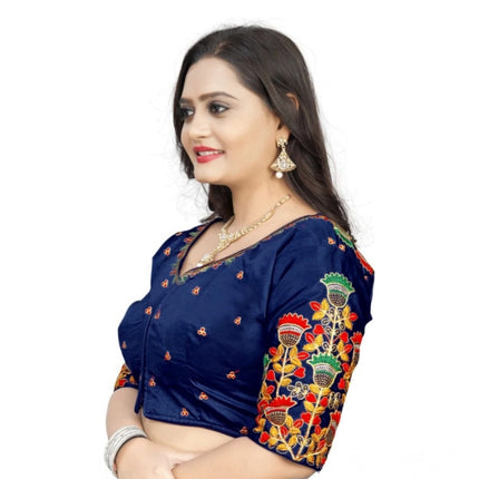 Rosolly Women's Malai Silk Floral Readymade Blouse (Navy Blue, Size: Free Size)