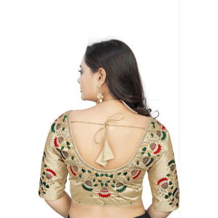 Rosolly Women's Malai Silk Floral Readymade Blouse (Cream, Size: Free Size)