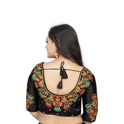 Rosolly Women's Malai Silk Floral Readymade Blouse (Black, Size: Free Size)