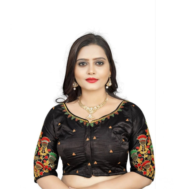 Rosolly Women's Malai Silk Floral Readymade Blouse (Black, Size: Free Size)