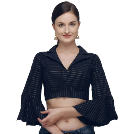 Rosolly Women's Cotton Striped Readymade Blouse (Navy Blue, Size: Free Size)