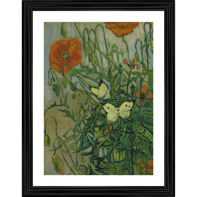 Rosolly Butterflies and Poppies 1889 Painting With Wood Photo Frame (Multicolor)