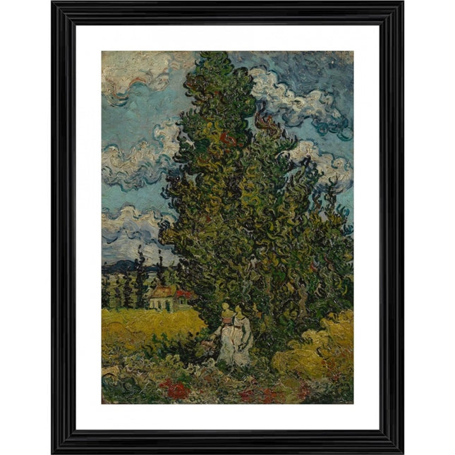 Rosolly Cypresses and Two Women 1890 Painting With Wood Photo Frame (Multicolor)