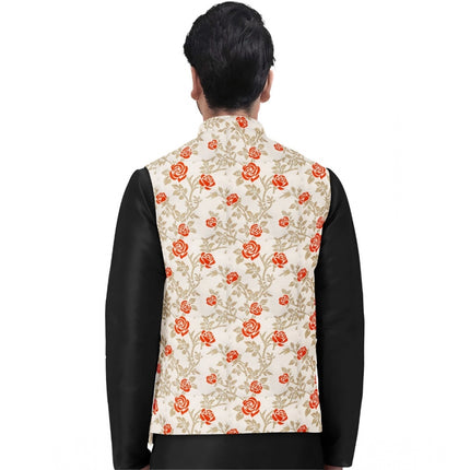 Rosolly Men's Jacquard Printed Full Sleeve Waistcoat (Orange-Beige)