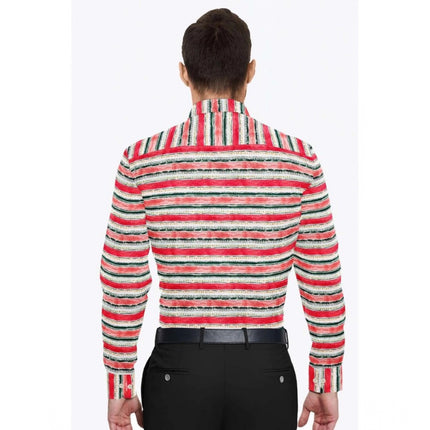 Rosolly Men's Cotton Blended Striped Full Sleeve Shirt (Red-White)