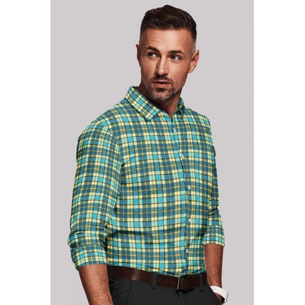 Rosolly Men's Cotton Blended Checked Full Sleeve Shirt (Green-Yellow)