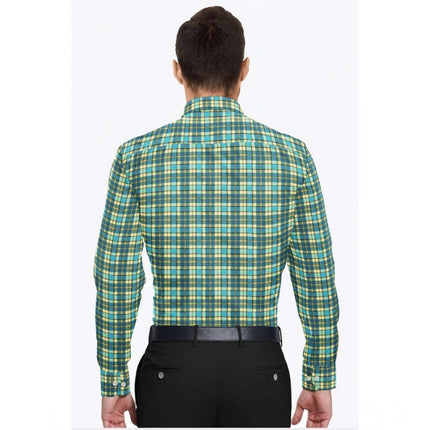 Rosolly Men's Cotton Blended Checked Full Sleeve Shirt (Green-Yellow)