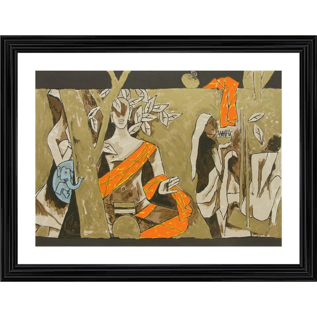 Rosolly Buddha and the Tree of Knowledge Painting With Wood Photo Frame (Multicolor)