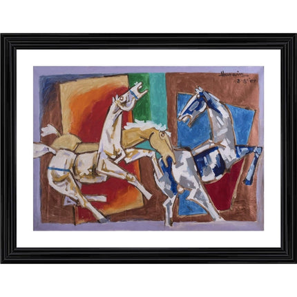 Rosolly Blissful Horses Painting With Wood Photo Frame (Multicolor)