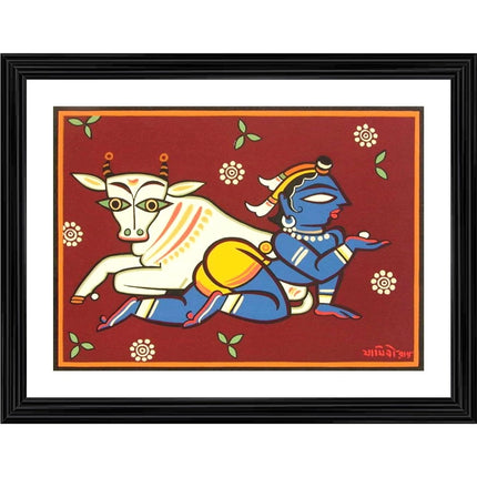 Rosolly Bal Krishna and Cow Painting With Wood Photo Frame (Multicolor)