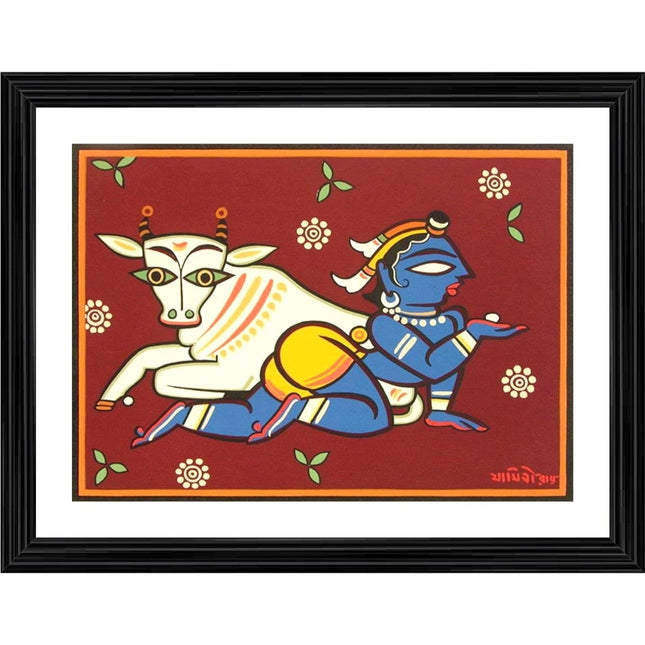 Rosolly Bal Krishna and Cow Painting With Wood Photo Frame (Multicolor)
