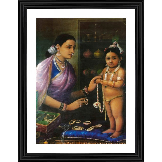 Rosolly Yashoda Bal Krishna with Cow 1879 Painting With Wood Photo Frame (Multicolor)