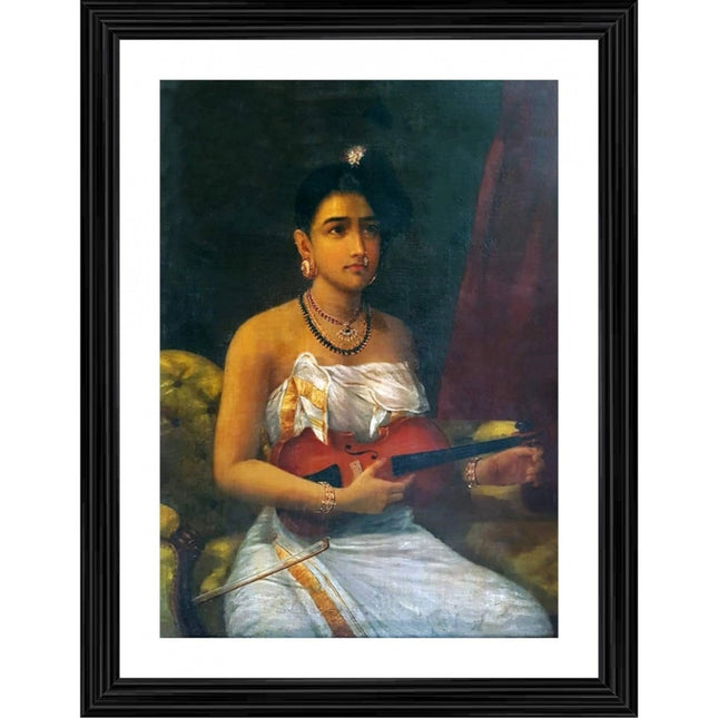 Rosolly A Lady Playing Voilin 1880 Painting With Wood Photo Frame (Multicolor)